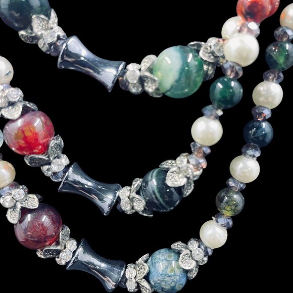 Multi Strand Gemstone Pearl Beaded Necklace Boho Layered Statement Jewelry - Picture 3 of 7